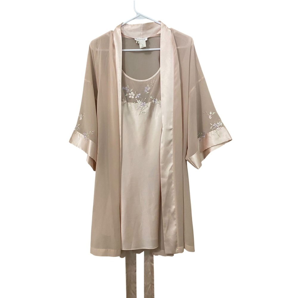 Natori Slip Dress Robe Set XS Pink Floral Embroidery Satin Sheer Coquette